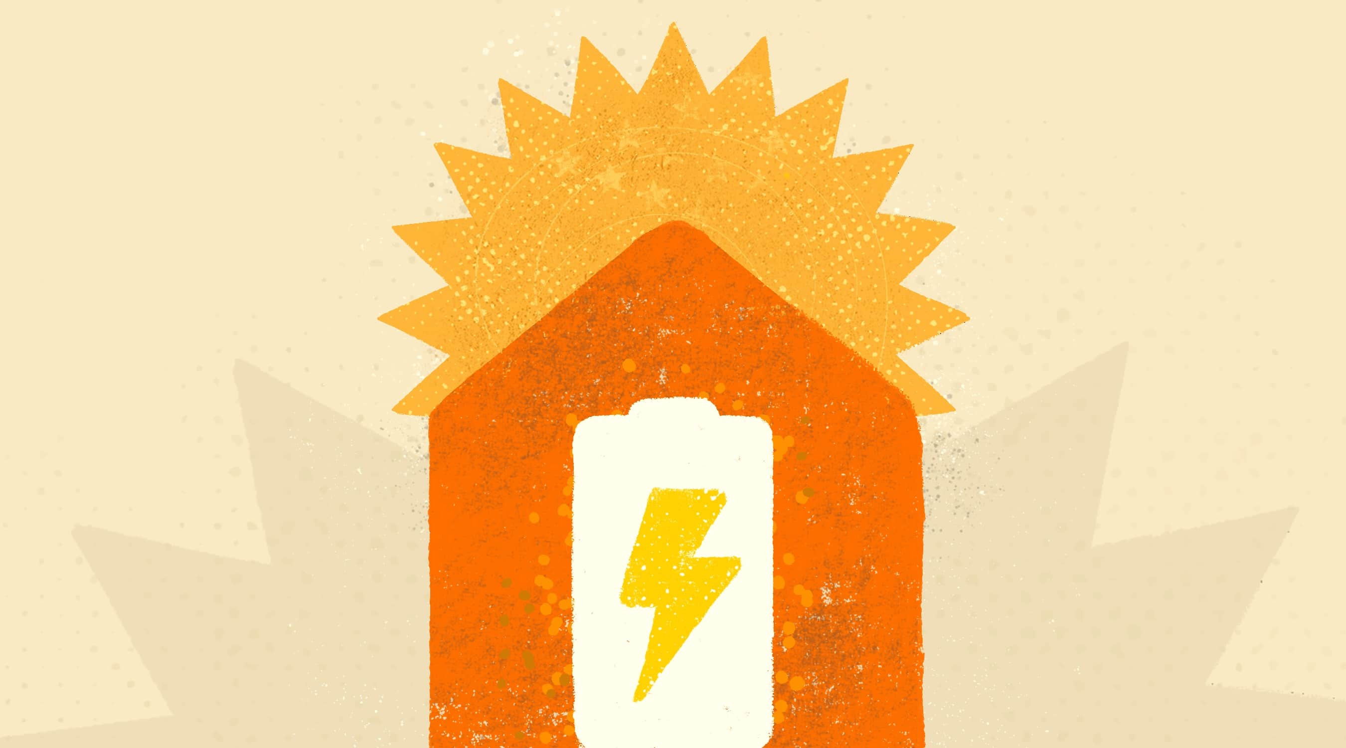 An orange battery with a yellow lightning bolt symbol is centered against a light beige background, flanked by gray triangular shapes.