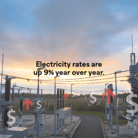 A power plant with transmission towers and wires is shown under a partly cloudy sky, with text stating "Electricity rates are up 9% year over year.".